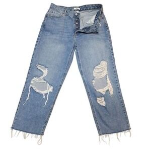 Forever 21 Jeans Womens 29 Button Fly Destroyed‎ Raw Hem Mom Jeans High Rise